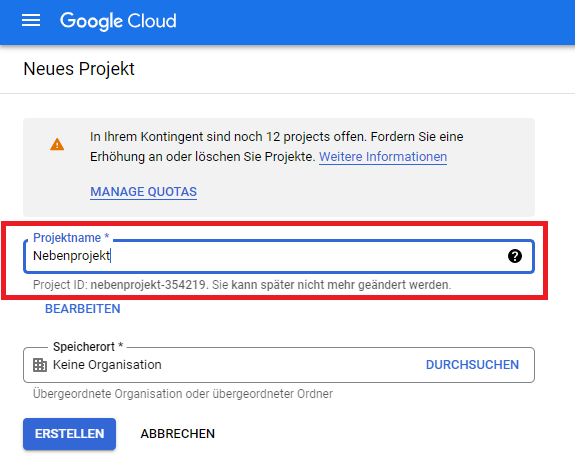 Google Cloud Console: Projektnamen vergeben