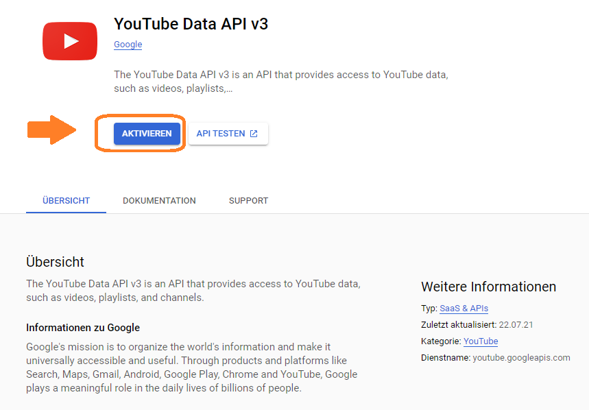 Youtube Data API v3 aktivieren