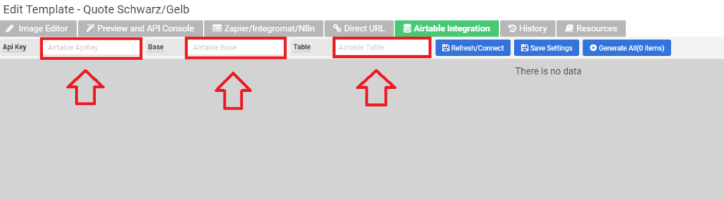 Apitemplate: Airtable integrieren: Api-Key, Api-Base, Tabelle