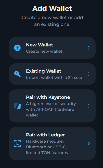 Tonkeeper Wallet hinzufügen Optionen